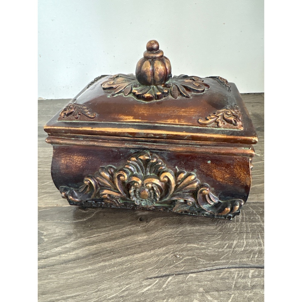Vintage Style Ornate Bronze Verdigris Jewelry Box Red Velvet Lined 73-200